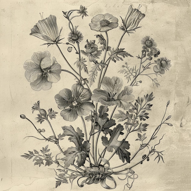 Nostalgique ancienne gravure fleurs délicates immortalisées dans des détails complexes évoquant la beauté intemporelle et l'artisanat des techniques de gravure traditionnelles un hommage vintage à l'élégance de la nature