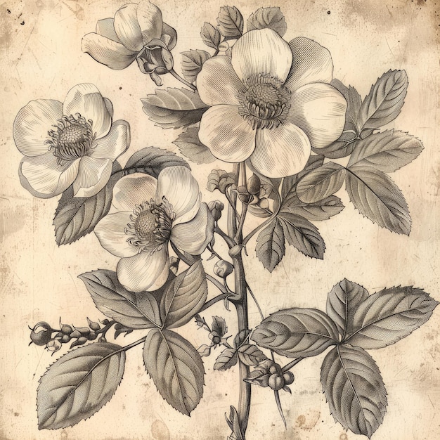 Nostalgique ancienne gravure fleurs délicates immortalisées dans des détails complexes évoquant la beauté intemporelle et l'artisanat des techniques de gravure traditionnelles un hommage vintage à l'élégance de la nature