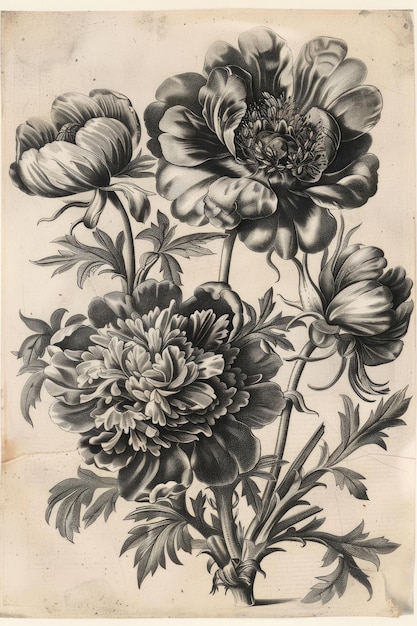 Nostalgique ancienne gravure fleurs délicates immortalisées dans des détails complexes évoquant la beauté intemporelle et l'artisanat des techniques de gravure traditionnelles un hommage vintage à l'élégance de la nature