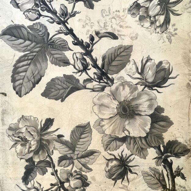 Nostalgique ancienne gravure fleurs délicates immortalisées dans des détails complexes évoquant la beauté intemporelle et l'artisanat des techniques de gravure traditionnelles un hommage vintage à l'élégance de la nature