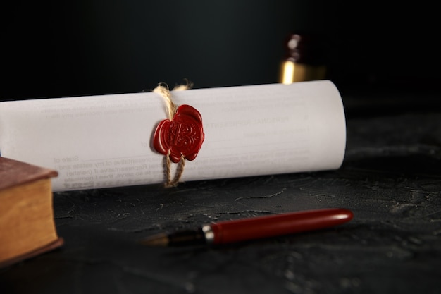 Notaire et concept de droit. Tampon avec livre et stylo sur la table. Marteau en bois derrière.