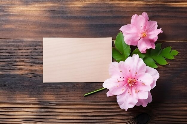 Note de papier vide avec des fleurs roses sur fond de bois