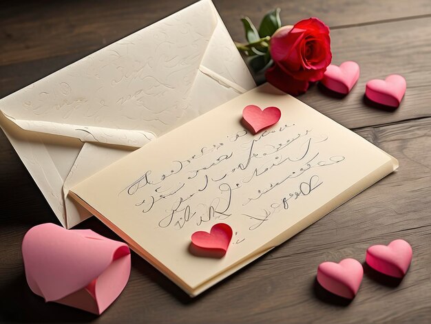 Photo une note avec un stylo et une rose sur une table avec des cœurs