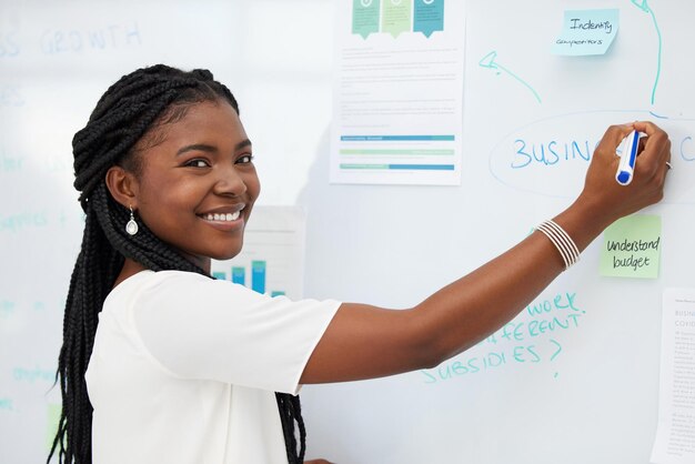 Photo notes de brainstorming de portrait et d'une femme noire sur un tableau blanc pour l'analyse et la planification des objectifs du projet stratégie d'entreprise et un employé africain écrivant une présentation créative ou une idée de calendrier