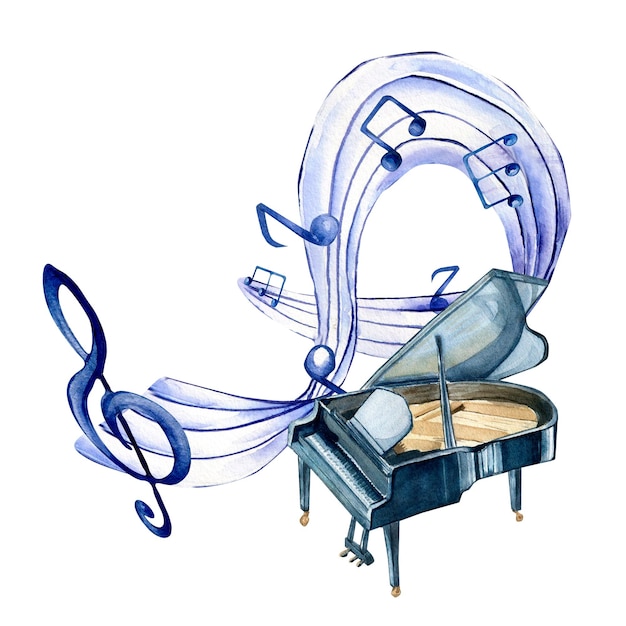 Notes de musique de clé de sol et illustration aquarelle de piano à queue sur blanc