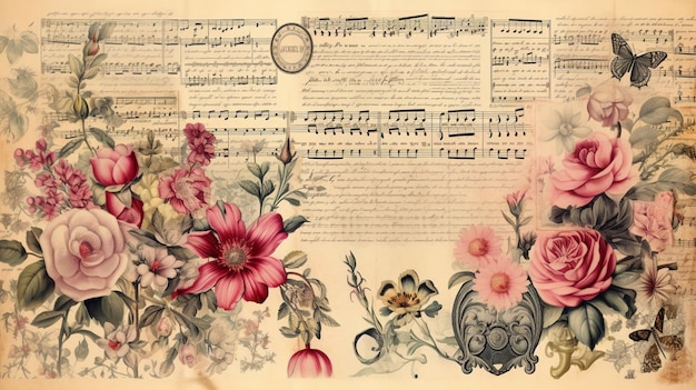 notes de musique vintage et fleurs