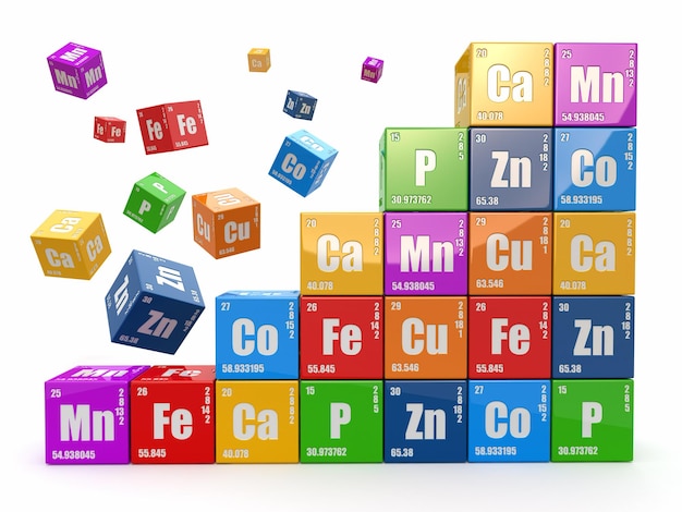 Notion de chimie. Mur de cubes avec tableau périodique des éléments. 3d