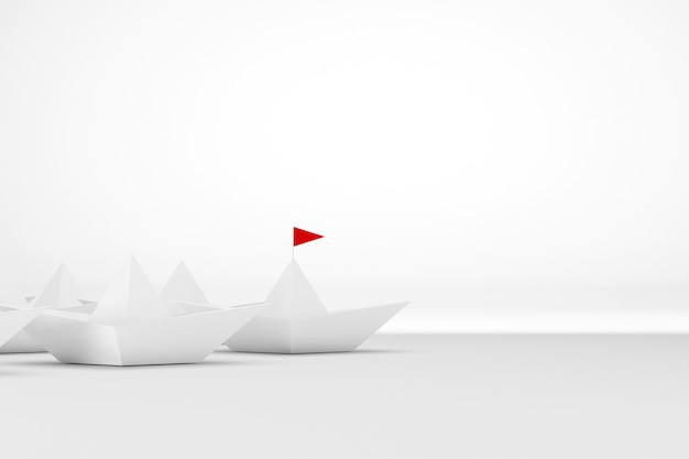 Notion de direction. Navire en papier avec drapeau rouge menant parmi le blanc sur fond blanc. illustration 3D