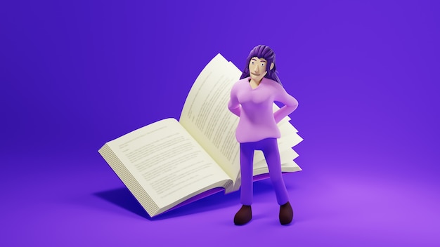 Notion d'éducation. 3d de livre et fille sur fond violet.