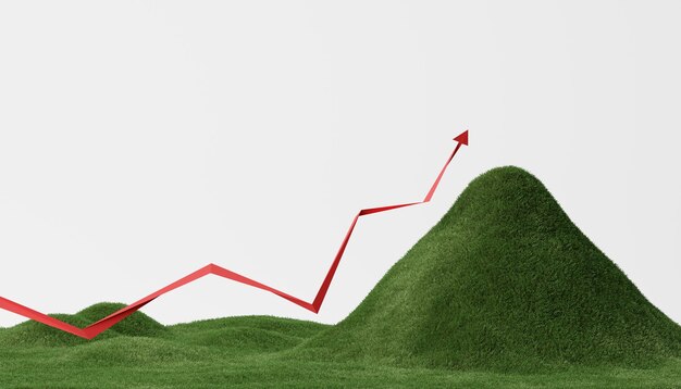 Photo notion d'entreprise. montagne verte avec la flèche de croissance rouge sur fond blanc. esg ou pérennité