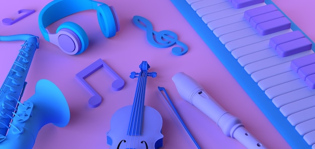 Notion musicale. Piano avec casque, notes de musique et instruments. Espace de copie. illustration 3D.