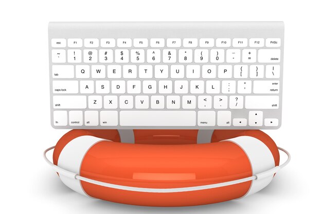 Notion de support technique. Clavier d'ordinateur avec bouée de sauvetage sur fond blanc