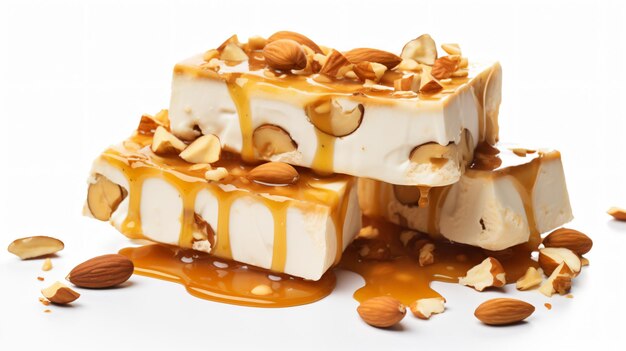 Photo nougat français avec noix et miel avec caramel sur fond blanc