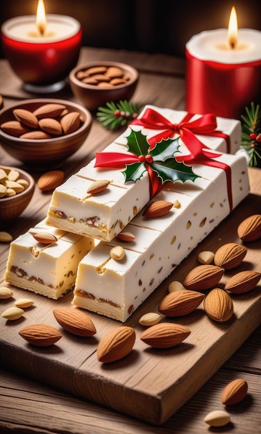 Nougat traditionnel et amandes douces disposées sur une table en bois rustique