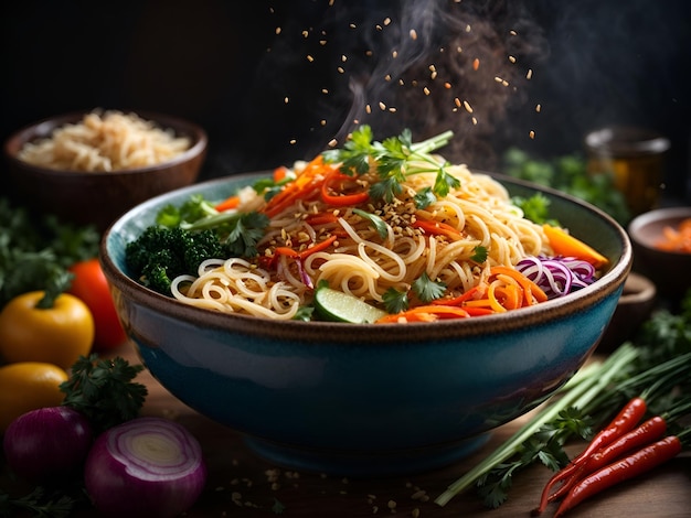 des nouilles d'Asie avec des légumes et des herbes