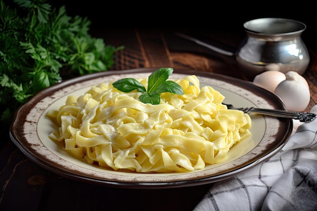 Nouilles aux œufs maison cuites à la perfection et servies avec une riche sauce crémeuse