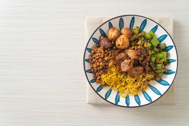 nouilles aux œufs séchées avec porc et boulettes de viande - style nouilles thaïlandaises