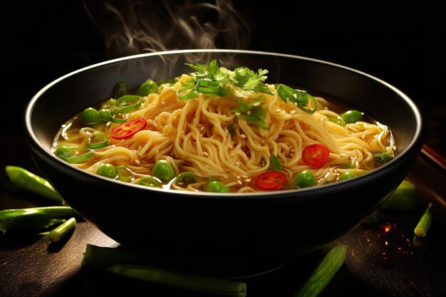 Nouilles chinoises dans un bouillon riche avec oignons verts