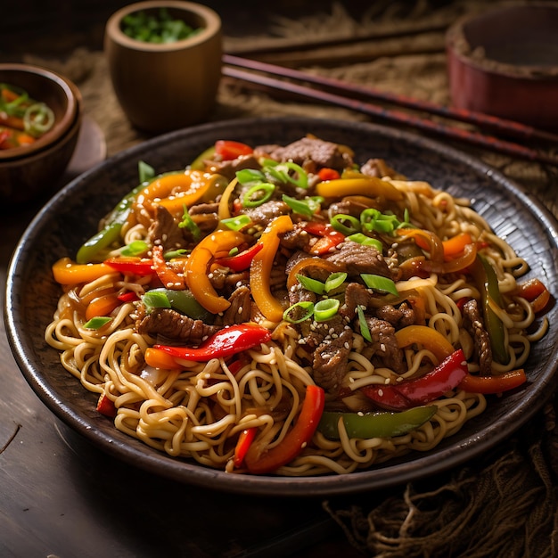 Des nouilles chinoises avec du poivre de bœuf et de l'oignon.