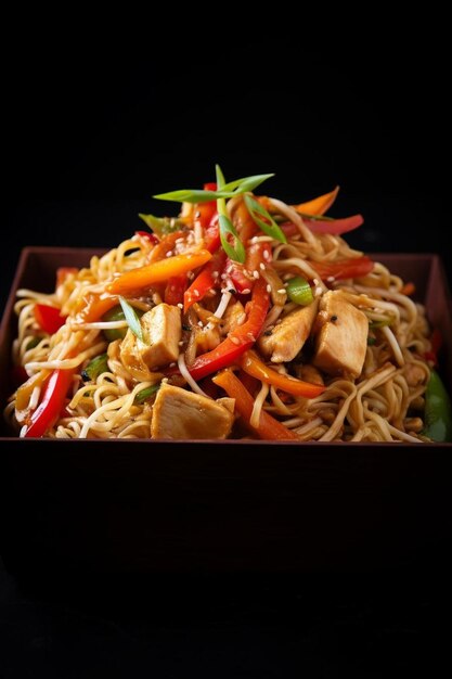 des nouilles chinoises avec du poulet et des légumes dans une boîte en carton sur un fond sombre