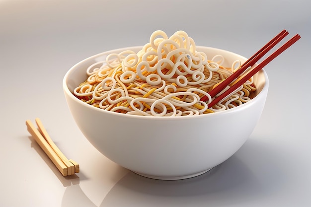 Photo les nouilles chinoises ou les nouilles instantanées japonaises hachées avec des baguettes forment un bol blanc en forme de torsion ou de tourbillon illustration 3d