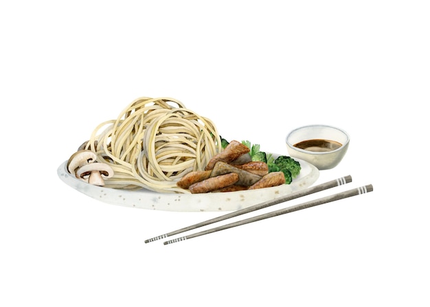 Nouilles chinoises, viande de bœuf, légumes. Baguettes petit bol avec sauce illustration de la cuisine asiatique