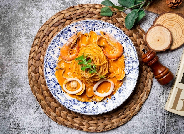 Nouilles de crevettes aux fruits de mer mélangés avec sauce à l'orange dans un plat vue de dessus sur fond gris Taiwan street food