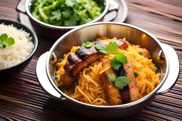 Des nouilles avec du bœuf et des légumes dans un bol sur une table en bois Ai génératif