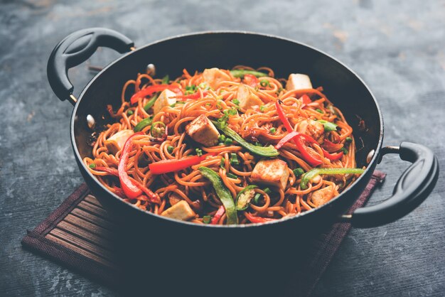 Nouilles hakka Schezwan avec paneer ou fromage cottage. Servi dans un bol. mise au point sélective