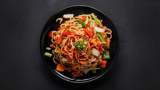 Photo les nouilles hakka sont une recette chinoise populaire. des nouilles schezwan avec des légumes dans une assiette.
