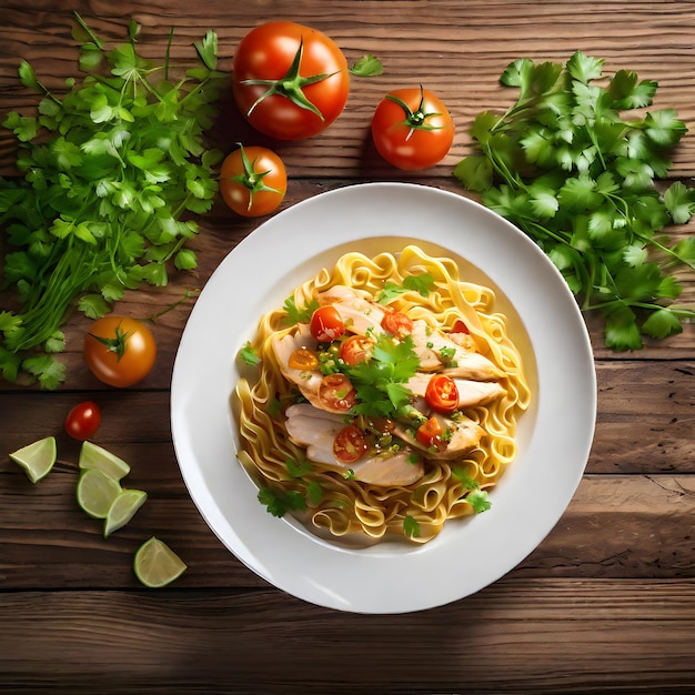 Des nouilles de poulet et des tomates sur une table en bois.