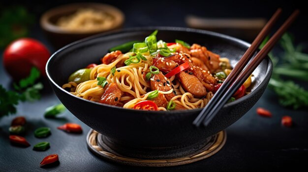 Nouilles traditionnelles asiatiques ou chinoises avec poulet et légumes en plaque noire et baguettes en bois sur table en pierre sombre Generative Ai