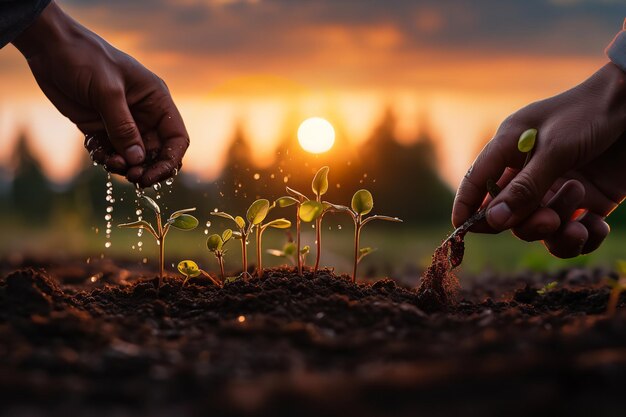 Nourrir et arroser à la main les jeunes plants qui poussent Ai génératif