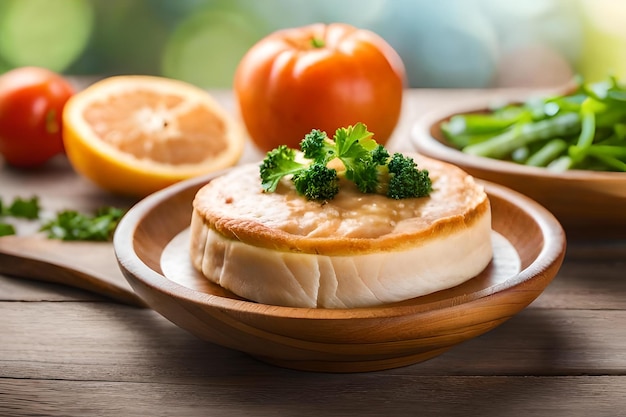 Nourriture sur une assiette en bois avec une citrouille sur le dessus.