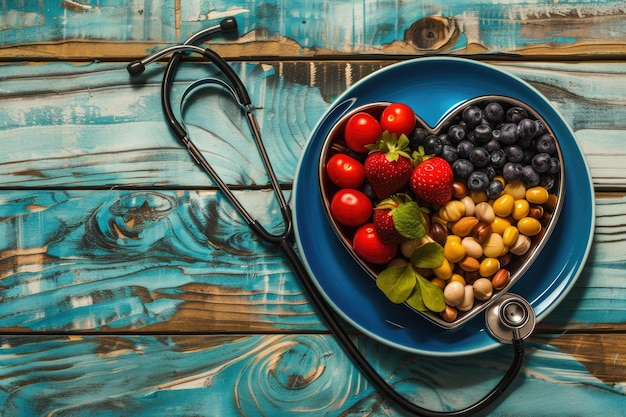 Photo nourriture sur assiette cardiaque avec concept de cardiologie stéthoscopique sur des tableaux bleus