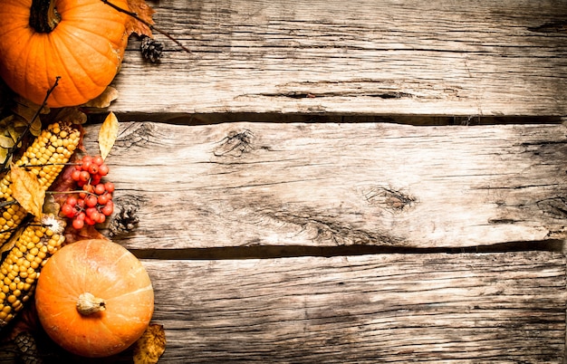 Nourriture d'automne. Fruits et légumes d'automne. Sur fond de bois.