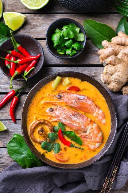 Nourriture et boisson, cuisine thaïlandaise traditionnelle. Tom yam kung épicé, soupe aigre tom yum aux crevettes, crevettes, lait de coco, citronnelle et piment dans un bol sur une table en bois. Mise à plat