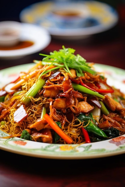 nourriture chinoise assortie de légumes avec du porc, du riz frit, des nouilles