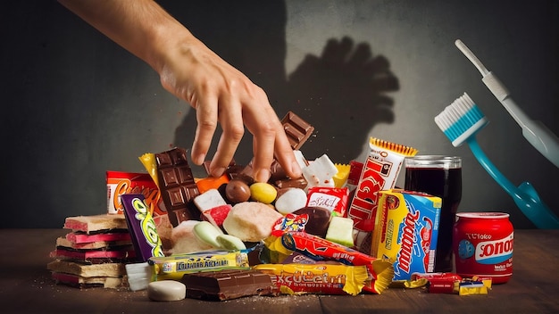 Photo nourriture contenant du sucre chocolat abus et dépendance concept soin du corps et des dents