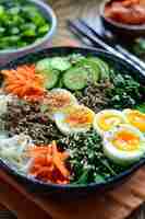 Photo nourriture coréenne bibimbap avec riz, légumes et viande