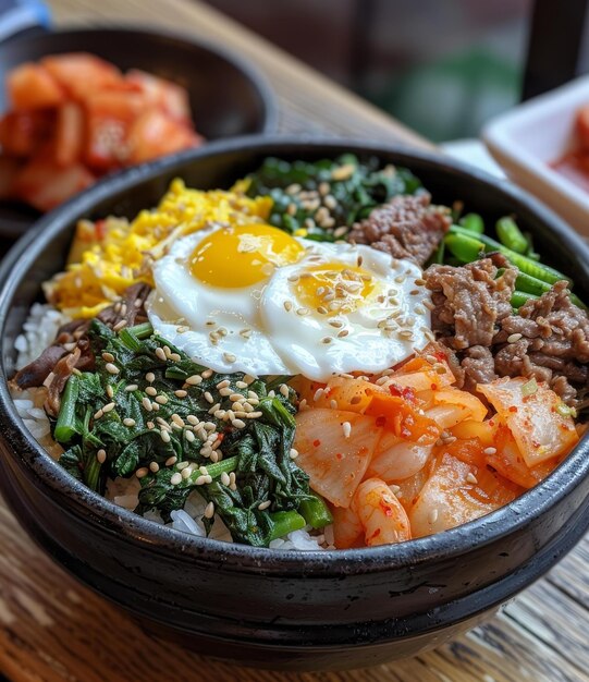 Photo nourriture coréenne dolsot bibimbap avec œufs et légumes