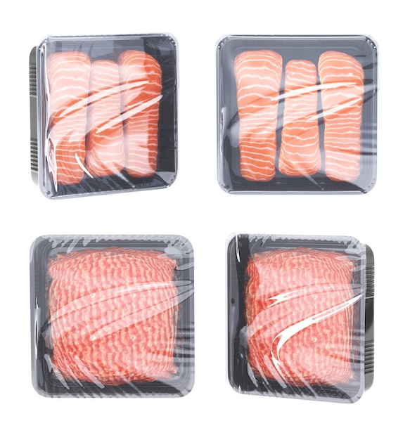 Nourriture dans des emballages en plastique pour la vente au détail de poisson frais et de viande hachée Steak de saumon cru ou filet de boeuf haché ou de porc dans un plateau noir avec film transparent rendu 3d produits isolés