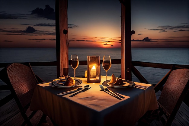 Nourriture délicieuse aux chandelles sur une terrasse en bois au bord de la plage pendant le coucher du soleil ai générative