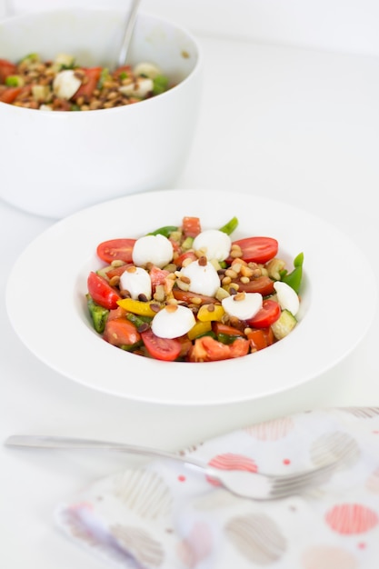 Nourriture délicieuse : Salade saine d'été faite maison avec des tomates d'un plat blanc, plan rapproché