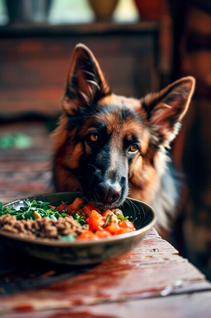 La nourriture du chien mange des légumes Focus sélectif