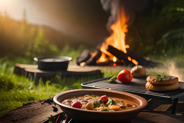 Nourriture sur un feu de camp avec un feu en arrière-plan.