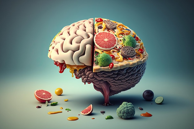 Nourriture en forme de cerveau sur fond bleu Concept de nutrition AI générative