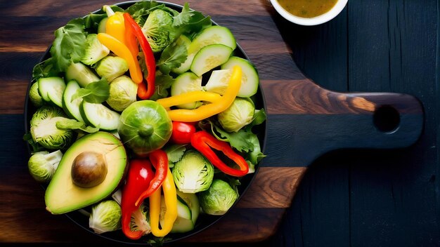 Nourriture fraîche et saine choux d'avocat concombres rouges jaunes et verts poivrons