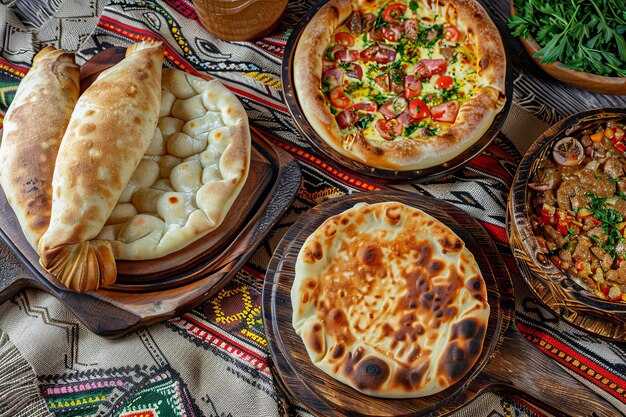 Photo la nourriture géorgienne adjarian khachapuri les plats sont réglés kutabs chebureks sur une nappe de table rustique arbre d'arrière-plan