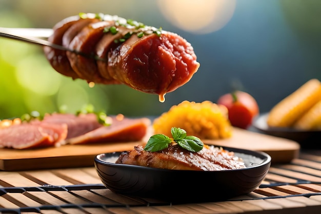 Photo nourriture sur un grill avec une assiette de saucisses sur la table